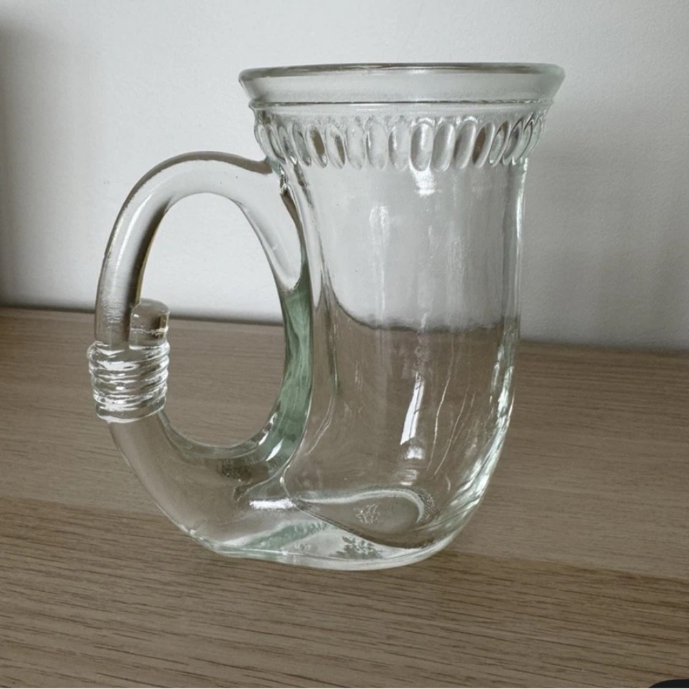 Vintage German Glass Horn Stein – Clear Curved Handle Beer Mug